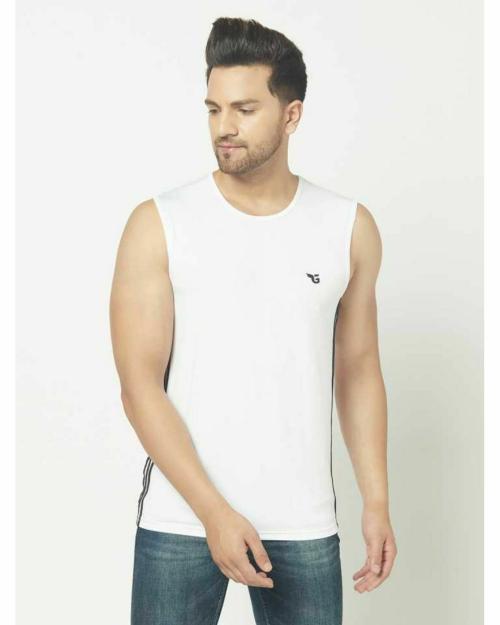 Glito White Striped Black Round Neck Sleeveless Vest For Men's