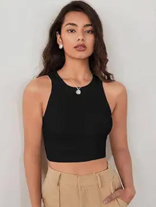 woodzon Women Self Design Black Crop Top Women Casual Round Neck, Sleeveless Tops