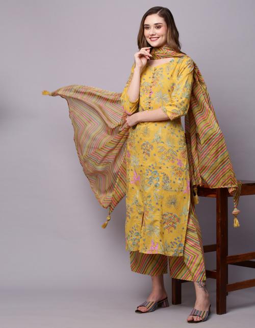 INDYES Mustard Yellow Floral Printed Straight Pure Cotton Kurta Set with Palazzos & Dupatta