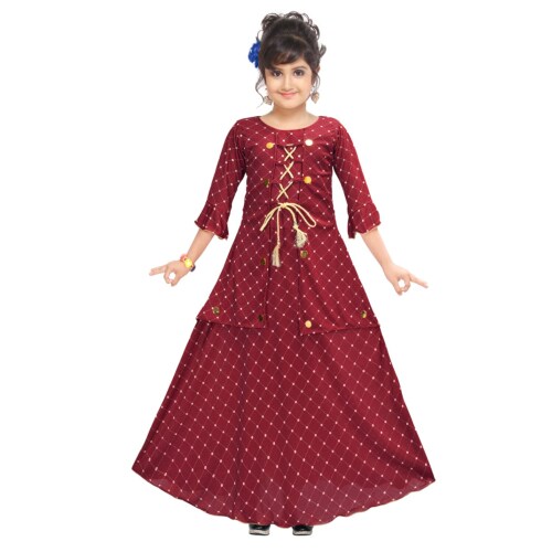 4YOU DRESSES Beautiful Maroon Color Stretch Cotton Sarin Fabric Fit & Flare Maxi Frock for Girls