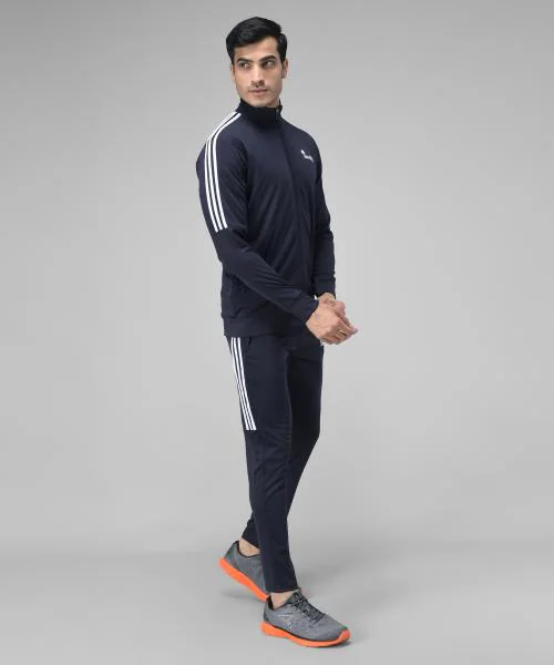 Veltick Men's Lycra Solid Side Stripe Dark Blue Tracksuit