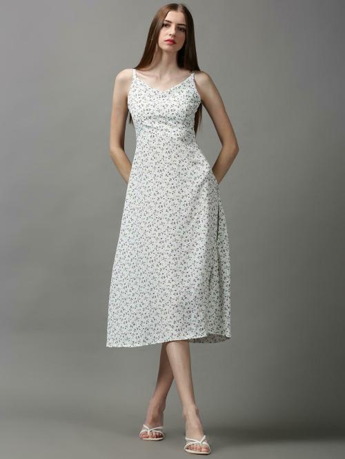 SHOW OFF Women's White Printed Polyester A-Line Dress
