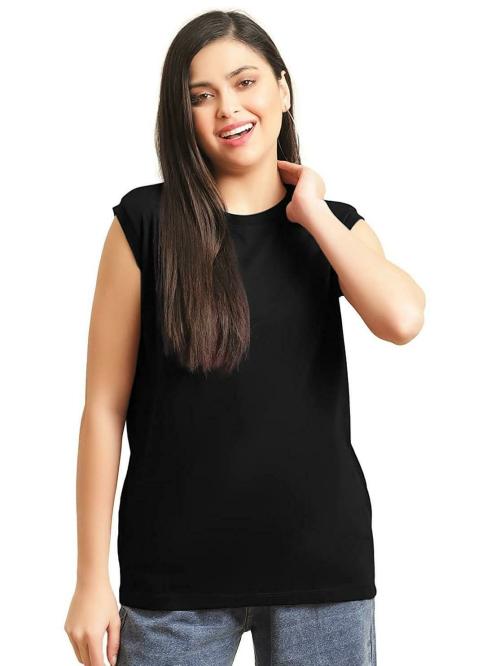 Buy NOTWILD Women Black Solid Cotton TShirt (Extra Large) Online at
