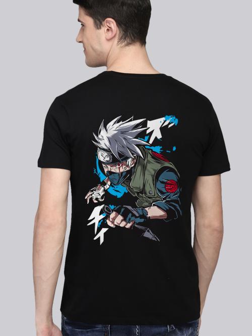 BLISSINK KAKASHI HATAKE Front And Back Printed Black Cotton Tshirt for Men