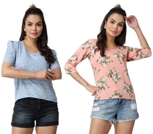 Popwings Casual Floral Printed Women Peach and Blue Tops Combo | (Pack of 2 Tops) | Women Casual Tops | Women Tops | Tops