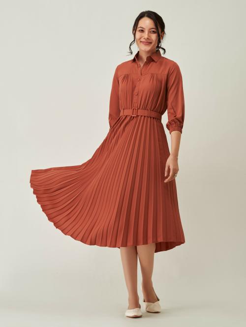 AASK Polyester Rust Color Pleated Collered Dress With Belt| Dress for women| Party Dress| Dresses| Stylish Dress| | New Collection