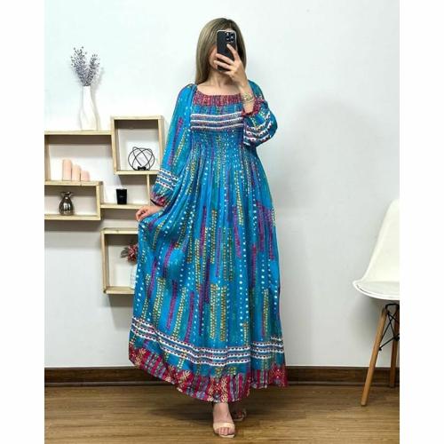 INDYVIBE Women Casual Floral Fit and Flare Pure Cotton Long Maxi Dress Frill Dress for Women | Lite Blue | Size-M