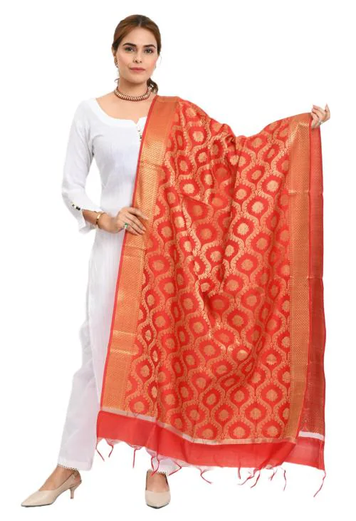 Moeza Women Red Silk Woven Design Banarasi Dupatta