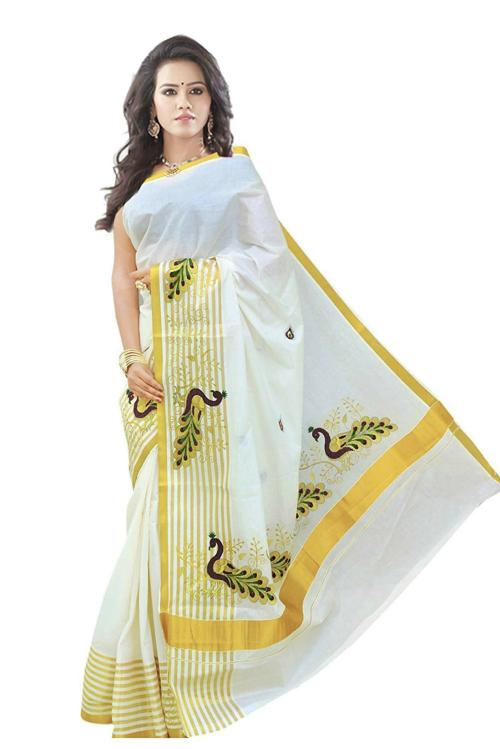 Fashionkiosks Women Green Pure Cotton Peacock With Jari Lines Design Border Kerala Kasavu Saree With Blouse Piece