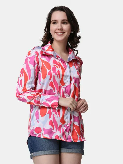 Popwings Casual Pink Printed Satin Shirt for Women | Shirt for Women Stylish | Latest Design Shirt Women | Collar Shirt For Women