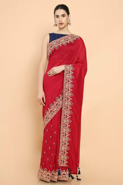SOCH Women Red Embroidered Single Saree (Free Size)