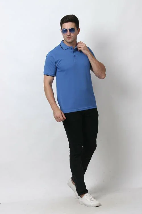 Forest Club Dull Drifit Matty Sky Blue Solid Polo T-shirt With Black Tipping, Size - XL (42)