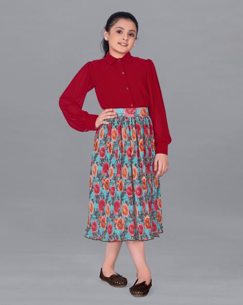 Fashion Dream Girls Red Floral Printed Georgette Top & Pleated Skirt Set | Kids Wear | Girls Top Skirt Set | Girls Clothing Set
