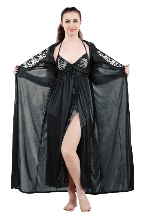 Romaisa Women's Black Satin Solid Maxi Length Nighty with Robe (Free Size) (Pack of 2)