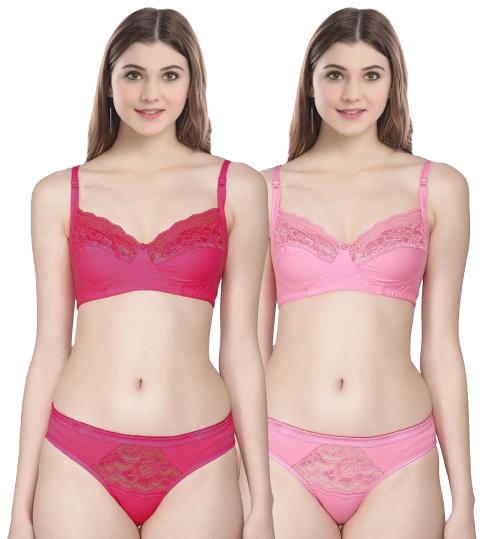 Cup’s-In Women Cotton Bra Panty Set for Lingerie Set ( Pack of 2 ) ( Color : Red,Pink )