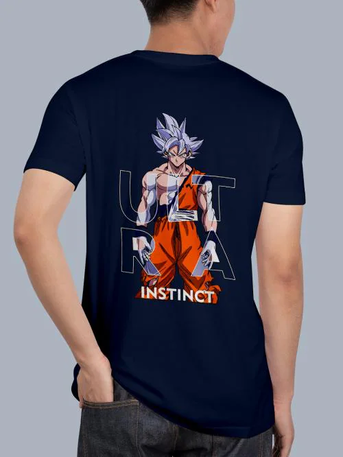 BLISSINK ultra instinct Goku Front And Back Printed Navy Blue Cotton Tshirt for Men