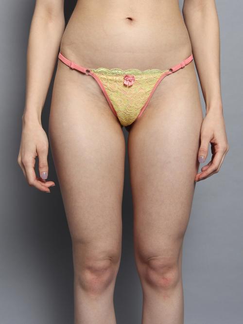Bleeding Heart Women's Free Size Yellow and Pink Lace Thongs For Women pack of 1