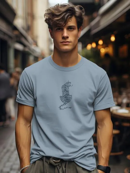 BULLMER Bluish Grey Trendy Printed Cotton Blend Crew Neck / Round Neck Half Sleeve Tshirt for Men | Non Returnable