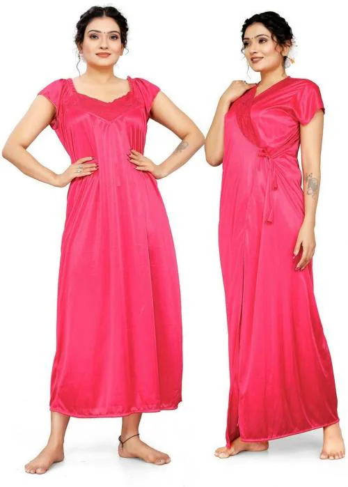 HAUTELOOK Women's LYCRA_SATIN_2PC Nighty_V13-Pink-XXL