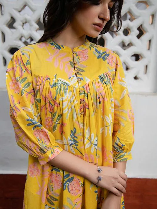 Janasya Women's Yellow Pure Cotton Tropical Gathered Tunic