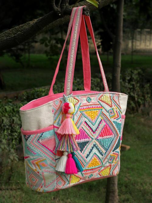 Anekaant Kooky Natural & Multi Boho Geometric Embellished Handloom Cotton Jacquard Tote Bag