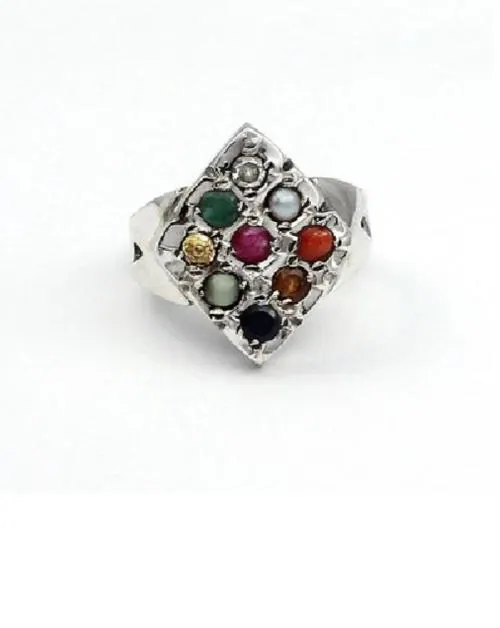 Ceylonmine Natural Navratna Ring Original Gemstone Navgrah Silver Crystal Silver Plated Ring