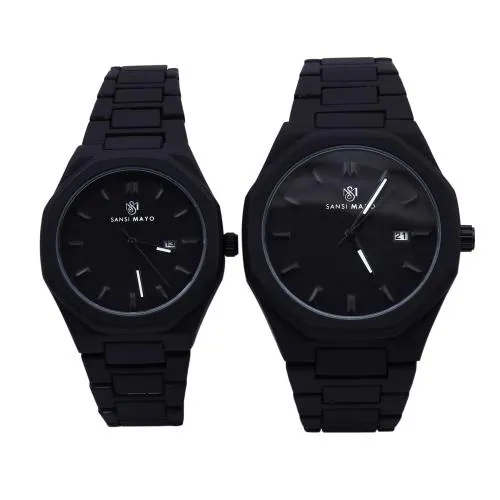 SANSI MAYO Beautiful Designer Black IP Plated Alloy Round Case Stainless Steel Band Analog Wrist Watch for Couples