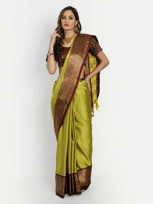JUHI COLLECTION Kausaliya Silk Self Design, Woven, Embellished Cotton Silk Saree for Women (Yellow)