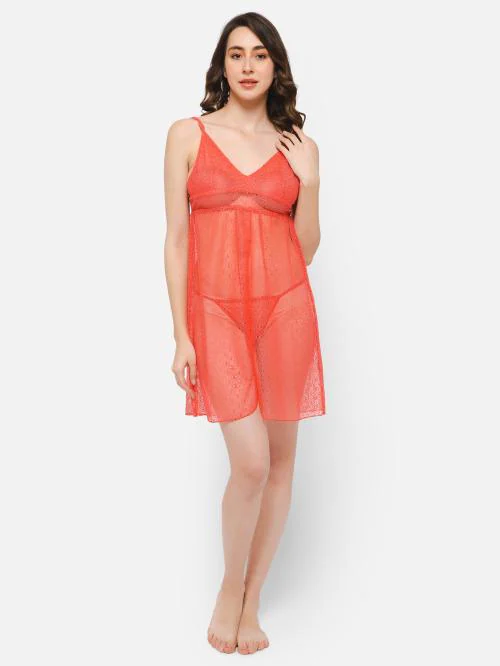 Clovia Chic Basic Self-Patterned Sheer Babydoll in Orange with G-string - Lace