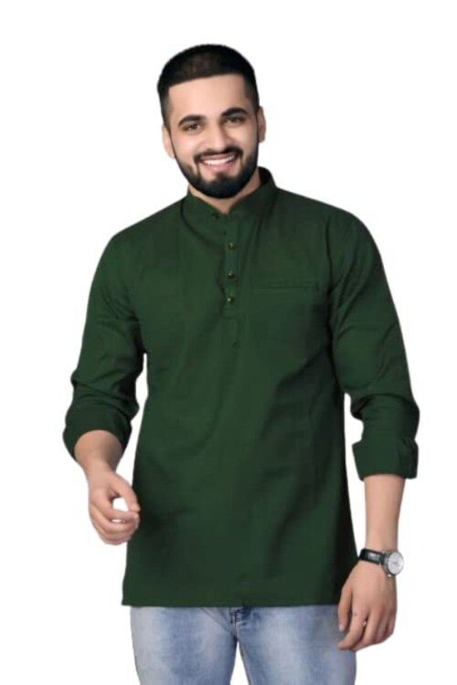 CROWN WORLD Men's Cotton Regular Short Kurta| Casual Ethnic Wear| Long Sleeve| Dark Green