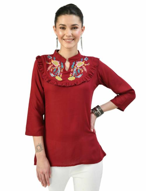 Buy AGARU Women's Rayon Red Embroidery Top Online at Best Prices in