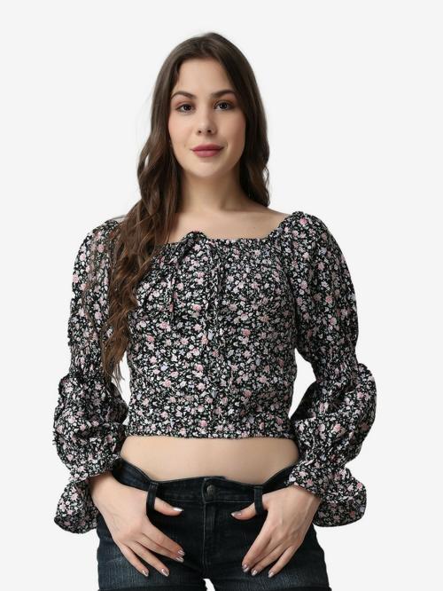 Popwings Casual Women's Multicolor Square Neck Full Sleeves Floral Print Smocking Top | Tops for Women | Tops For Women Stylish | Tops Latest Design For Women