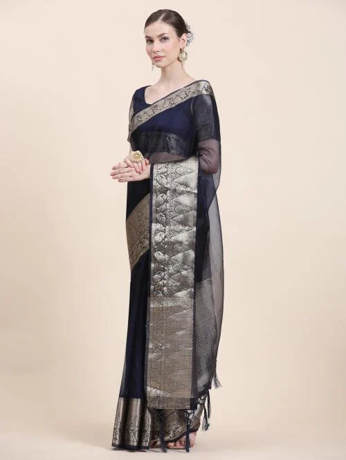 Rujave Women Blue Temple Border Organza Bollywood Saree