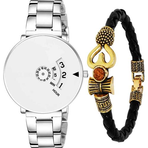 Buy Casera Silver Stainless Steel Strap Analog Wrist Watches with Mahadev Bracelet for Men (Pack