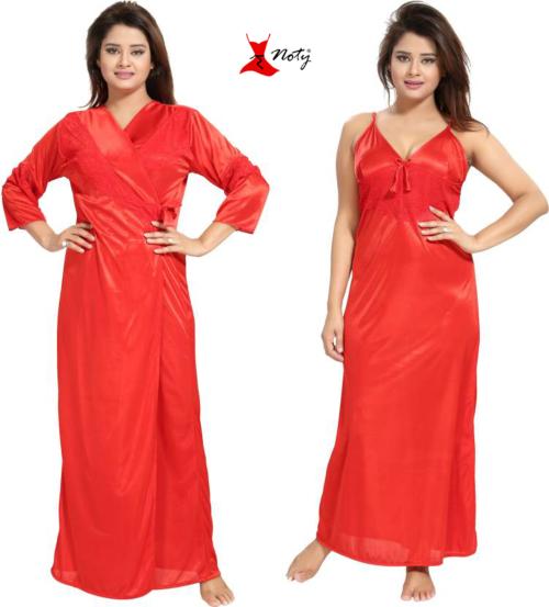 Noty - Women's- Nightwear Set- Nighty with Robe- Satin Fabric- 2 Pc with Robe Red