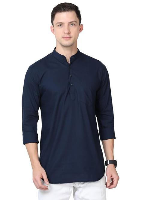 SCNC Men's Cotton Full Sleeve Solid Slim Fit Casual Navy Blue Mandarin Collar Short Kurta