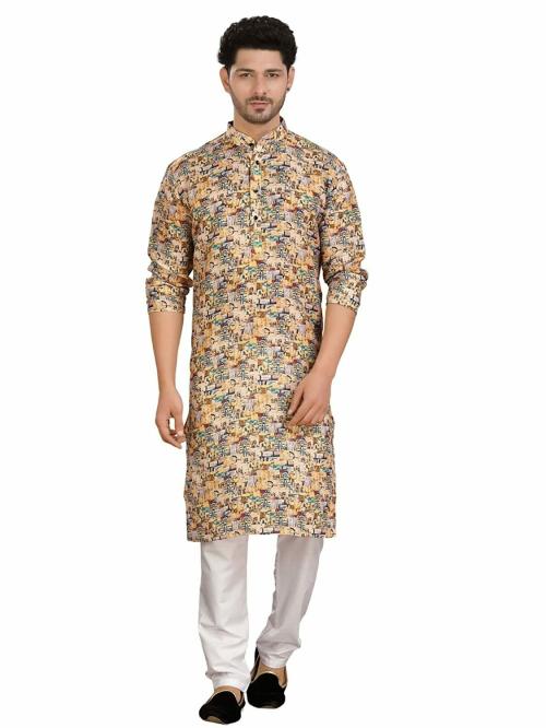 Encino Mens Yellow Printed Cotton Indeevar Collection Kurta