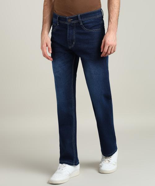 Sobbers Casual Solid Dark Blue Baggy Denim Jeans for Men