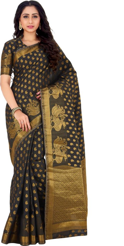 Mimosa Women Gold, Black Art Silk Kanjivaram Saree