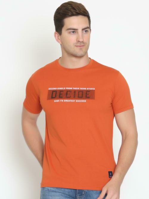 LE3 TON Men Orange Printed Pure Cotton Round Neck T-shirt (XXXL)