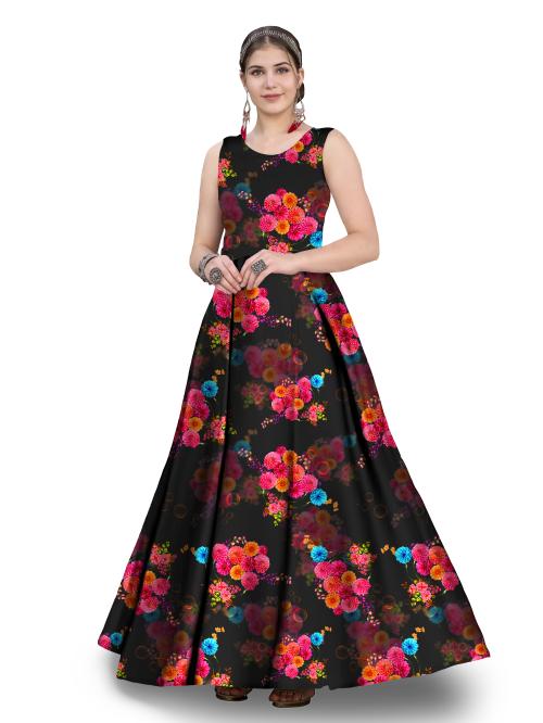 HARRICA Fashion Women's Premium Moss Satin Kurti Long Kurta Dress Digital Printed Maxi Gown Floor Length Anarkali Casual Kurti Sleevless Kurti for Women & Girls