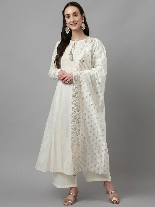 FIORRA Women's Off White Pure Cotton Flared Kurta with Palazzo and Dupatta