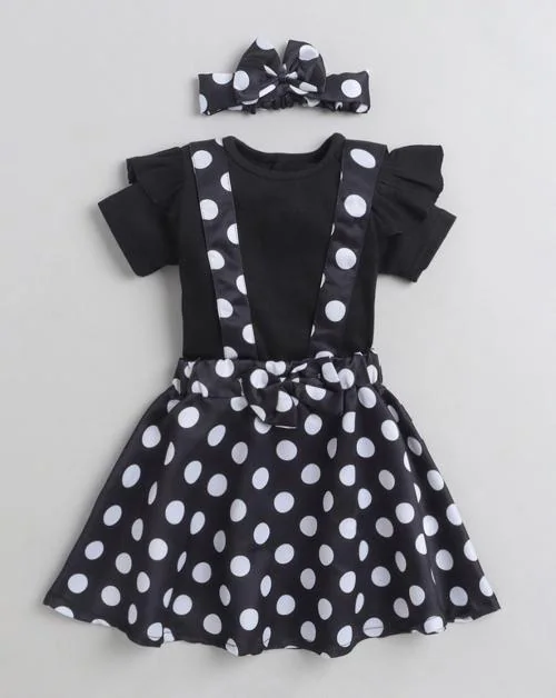 Hopscotch Baby Girls Cotton And Spandex Polka Dot Print T-shirt And Skirt Set In Black Colour For Ages 12-18 Months (GOE-3106451)