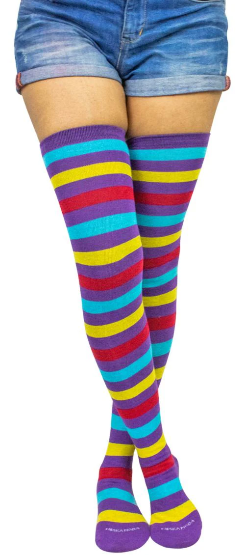Neska Moda Women's 1 Pair Purple Striped Cotton Thigh-High Stockings