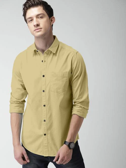 IKG DENIM Men Solid Pure Cotton Casual Shirt Khaki Shirt Beige M