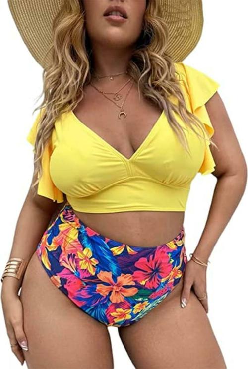 Plus Curvves Plus Size Floral Tropical Print Bikini Ruffle Sleeve 2 Piece Swimsuit - 4XL