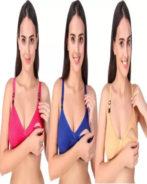 Bruchi Club Women Maternity/Nursing Non Padded Feeding Bra (Multicolor) Pack of 3 | Bra | Maternity Bra | Non padded Bra | Feeding Bra | Combo Bra | Nursing Bra