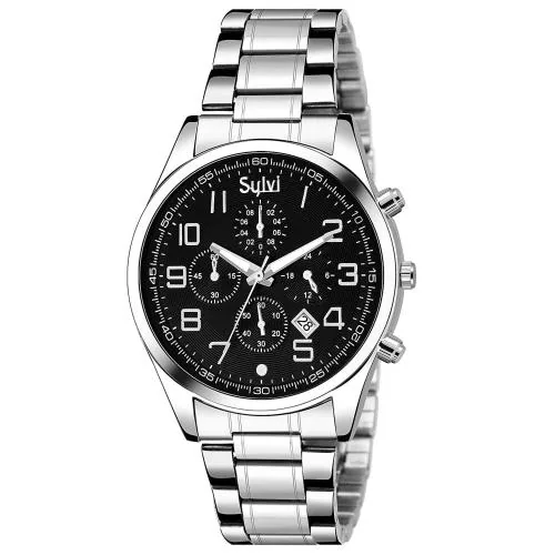 Sylvi Analog Black Dial Silver Strap Watch For Men