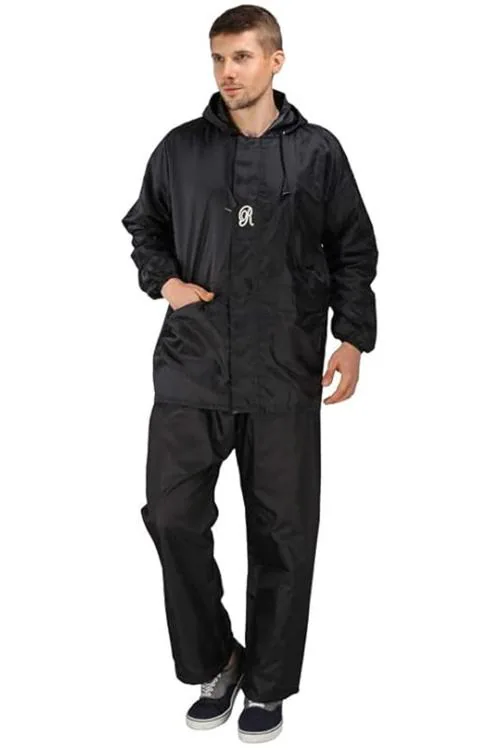 Real Polo Reflected Back Strip Rain suit | Matching PVC Lining with Inner Pockets | Rain suit Set with Zipper and Velcro for Bike | Rain coat for Men (XL, Black)