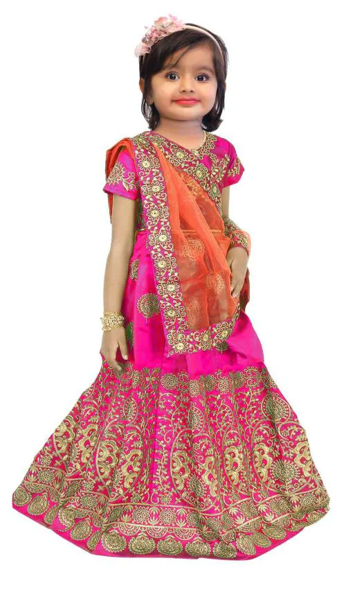 Netra Creation Girls Pink Embroidered Taffeta Semi stitched Lehenga Choli & Dupatta